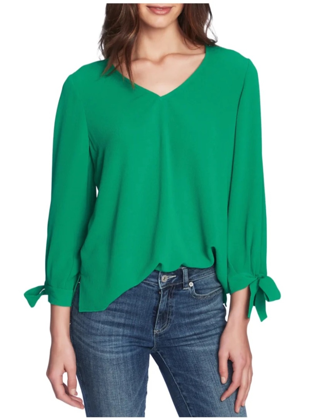 Chaus Emerald Green V-Neck Blouse with Tie Sleeves